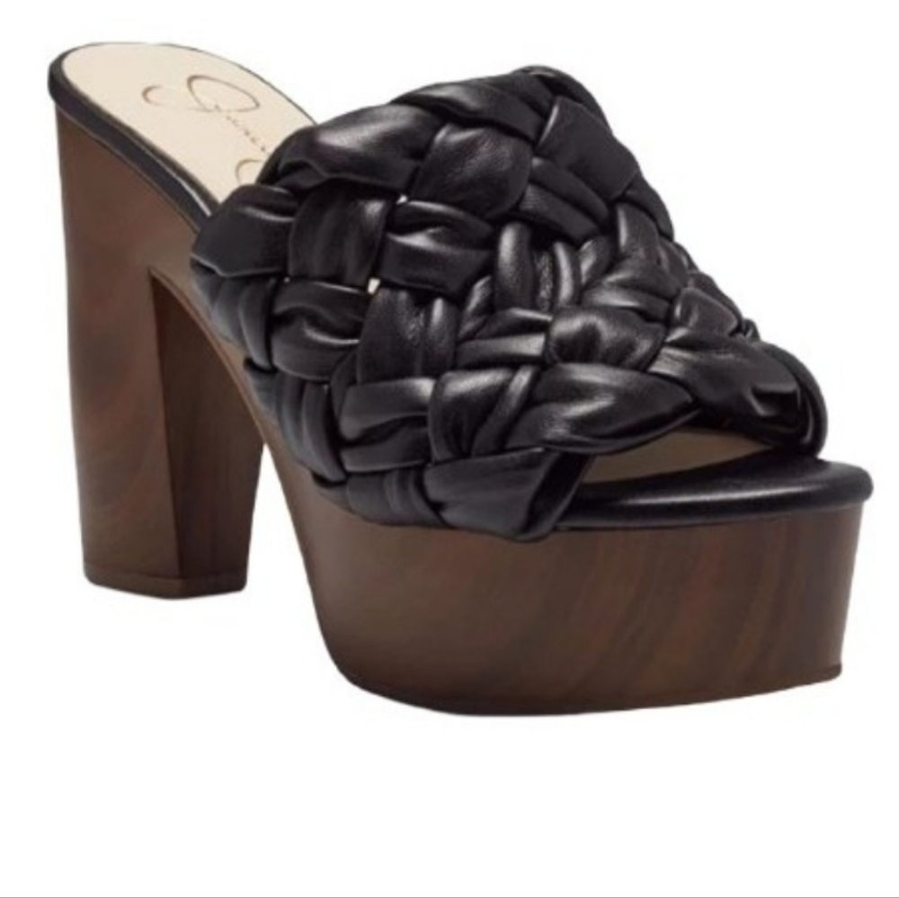 Jessica Simpson Black Supira Woven Design Faux Leather Slip On Platform Sandals